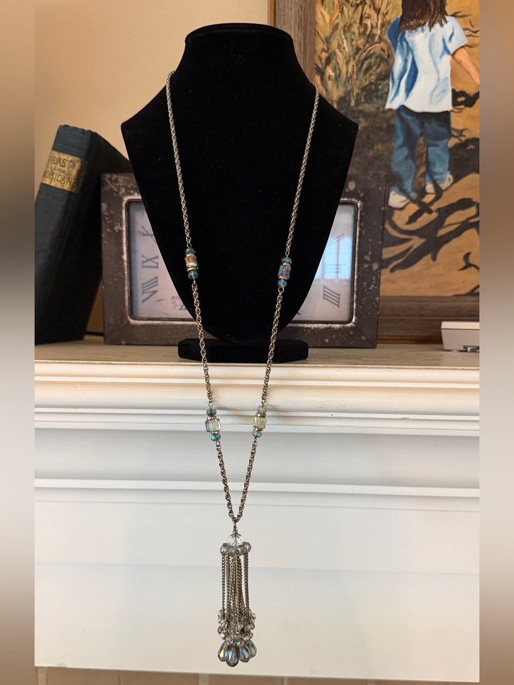 🐼 Loft Long Silver Tassel Pendant Necklace with Iridescent Beads #0196
